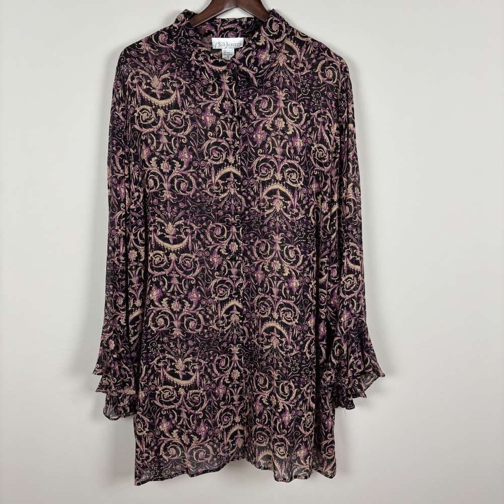 Diane Von Furstenberg Silk Assets Blouse Top 2X Button‎ Up Paisley Bell Sleeve
